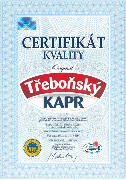 Certifikát kvality - Třeboňský kapr